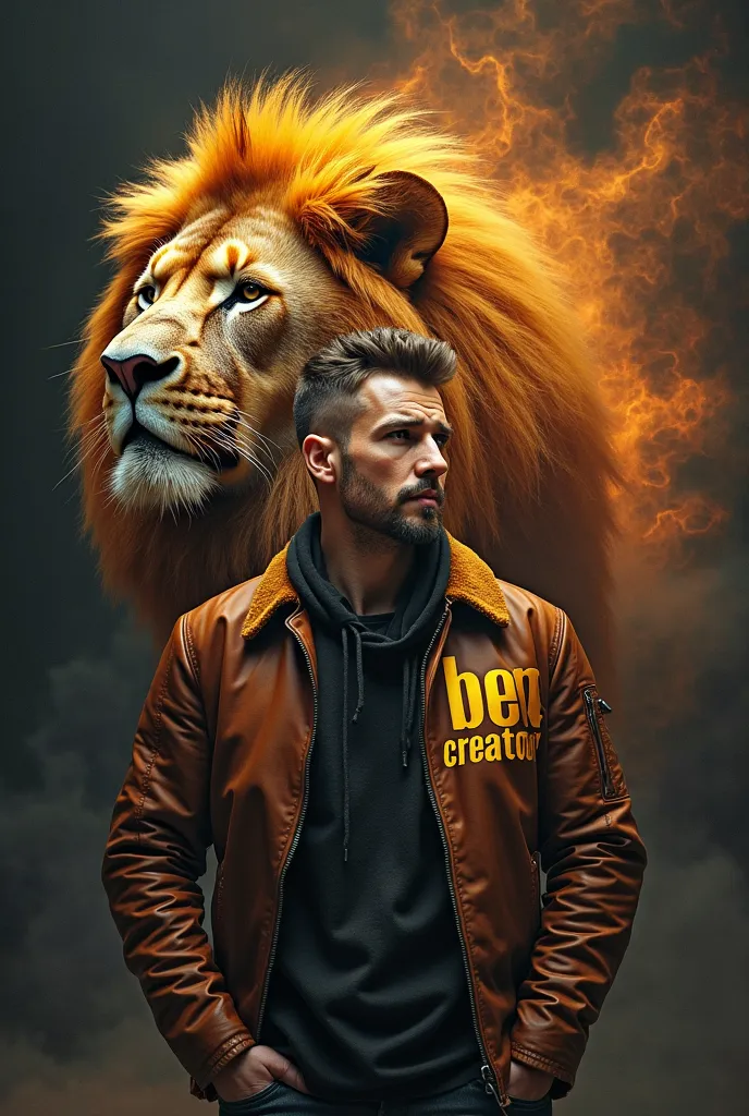 Picture show of a handsome man with black hair under cut style, wearing a brown leather jacket with yellow letters "BENS CREATOR" and curled up in an elegant style. Behind that person, there was a roaring huge lion with a mane that seemed to shine with a f...