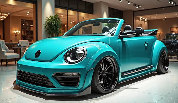 A highly modified Volkswagen Beetle convertible in a sleek turquoise color, showcased in a luxurious indoor showroom. The car features an aggressive widebody kit, large air intakes, a lowered stance, and custom LED headlights. The sporty black alloy wheels...