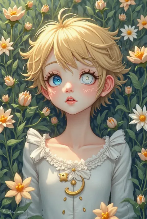 Coutryhumans+(A boy,man)+( ARGENTINA +2d(oleo-anime style)+( de 16 años)+(pale blue skin, with a white farm on his face and a sun. Lying on flowers, intense blue eyes+)+Victorian-era clothing()+(angelic appearance+Delicate)+(long blonde lashes)+(lunar unde...