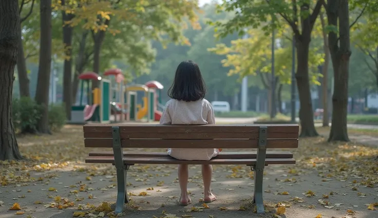 Girl sitting on a bench in an urban park, The park has some games for ren and its appearance is worn out. We can see it from a distance, Her hair is black and she wears a light pajama-like dress. He doesn't show his face to the camera, The park's atmospher...