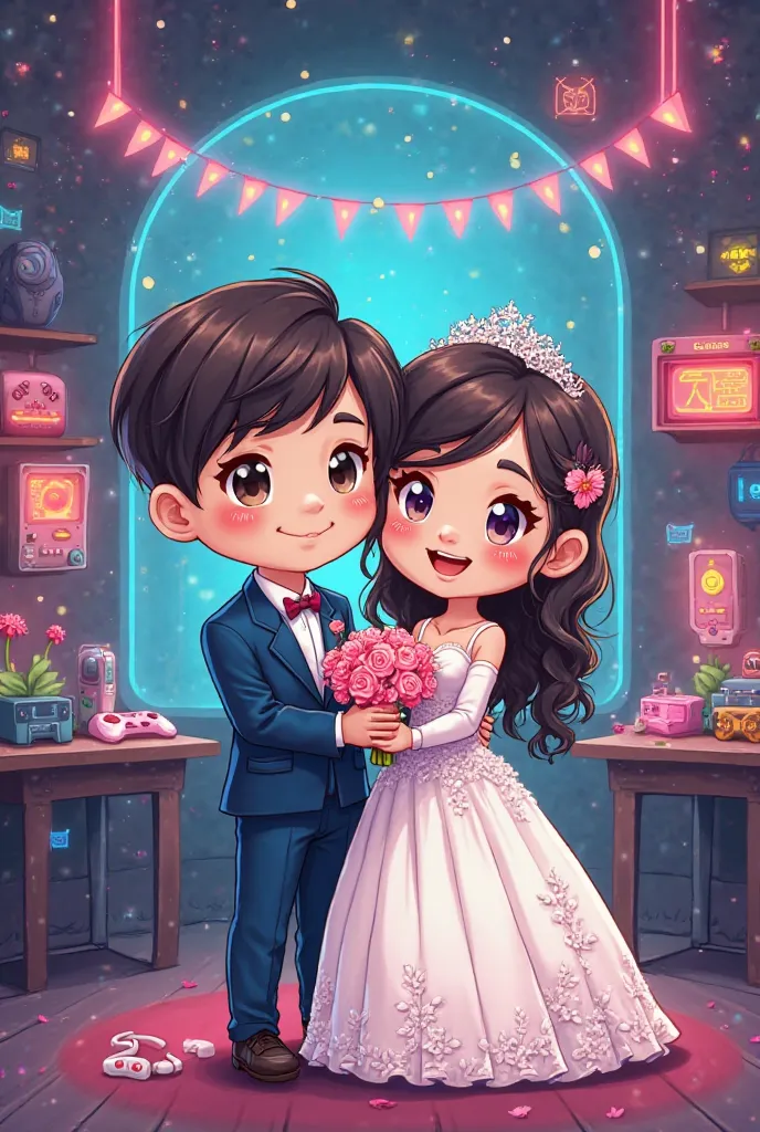 Make me a chibi gamer wedding art for IG Cover. The groom wears a navy blue suit while the bride wears a long sleeve mermaid wedding gown