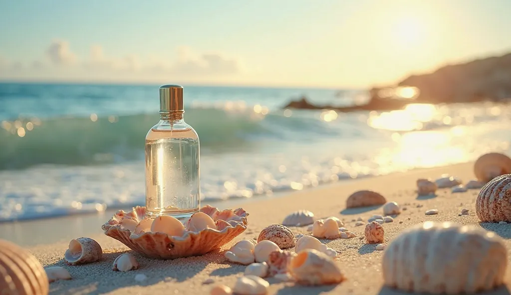 "A coastal-inspired perfume campaign, with a fresh aquatic fragrance bottle resting on sunlit seashells, waves gently crashing in the background, evoking the scent of the ocean."

