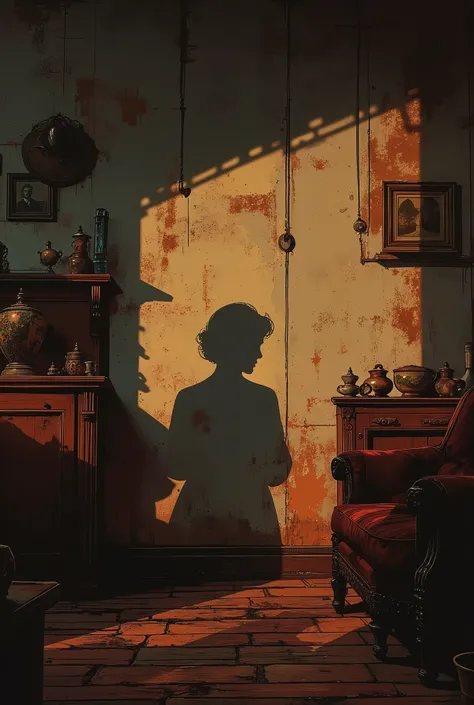 Shadows on the Wall. Draw a shadow on the wall. Female Shadow. Rusty walls, Shadows of Mature Women, Atmosphere, Late night in the living room, Antique style illustration