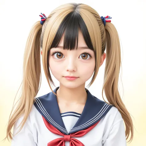  long hair, with blond and black two-tone bangs、Longer long hair、 light background、sailor suit、twintails