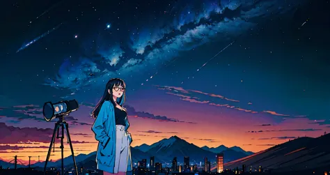 Illustration of a beautiful woman in her twenties wearing revealing clothes and standing coolly wearing glasses against a background of stars in the highest quality, 8K, beautiful night sky and an urban nightscape in the distance. Shooting stars and the Mi...