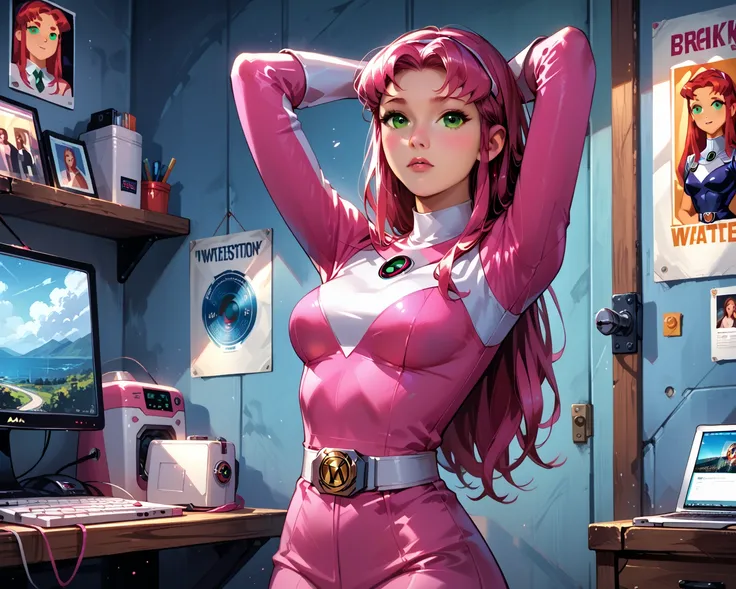 cinematic film still, solo, 1girl, BREAK starfire, narrow waist, perky breasts, pink power ranger outfit, pink catsuit with white details BREAK high tech computer factory, starfire poster in background, sneaking around, relaxed stretching, beautiful, grace...