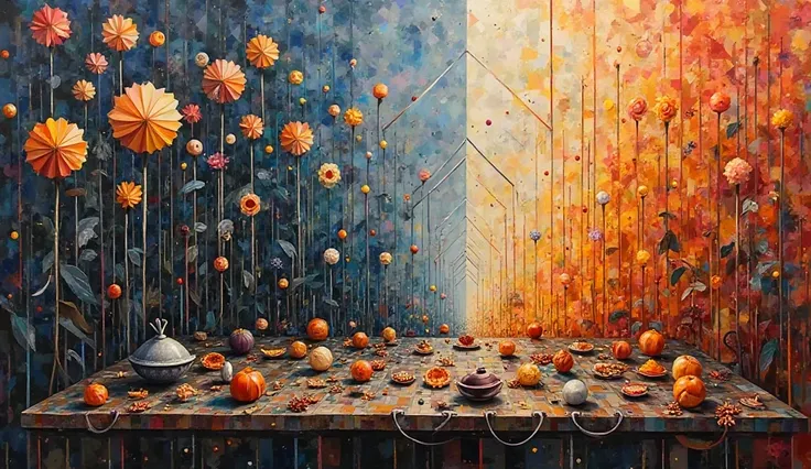 One part of the painting is filled with inverted geometric dark figures flowers, symbolizing a crowded table with leftovers. Around this chaos are deformed lines, expressing disgust and fatigue. The other part of the painting is a labyrinth of bright geome...