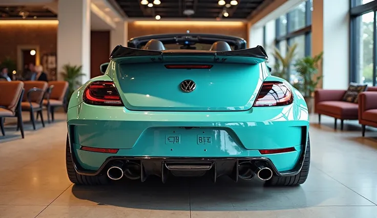 "The rear view of a highly modified Volkswagen Beetle convertible in a striking turquoise color, parked in a luxurious showroom. The car features a custom rear bumper, aggressive diffuser, blacked-out taillights, and a sporty dual exhaust setup. A sleek re...