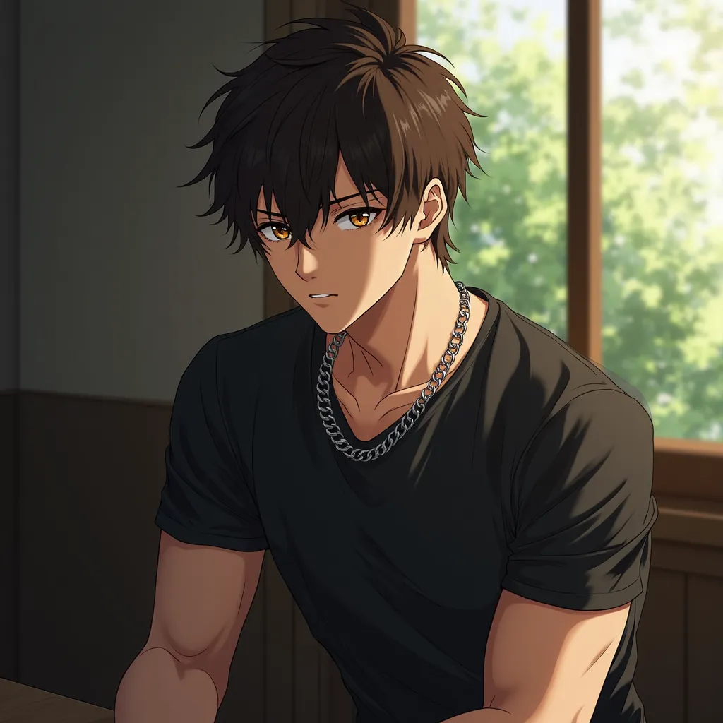 "A stunning anime-style artwork of a handsome young man with tousled dark brown hair and piercing golden-brown eyes, wearing a fitted black t-shirt and a silver chain necklace. He sits near a large window, where sunlight filters through, casting soft shado...