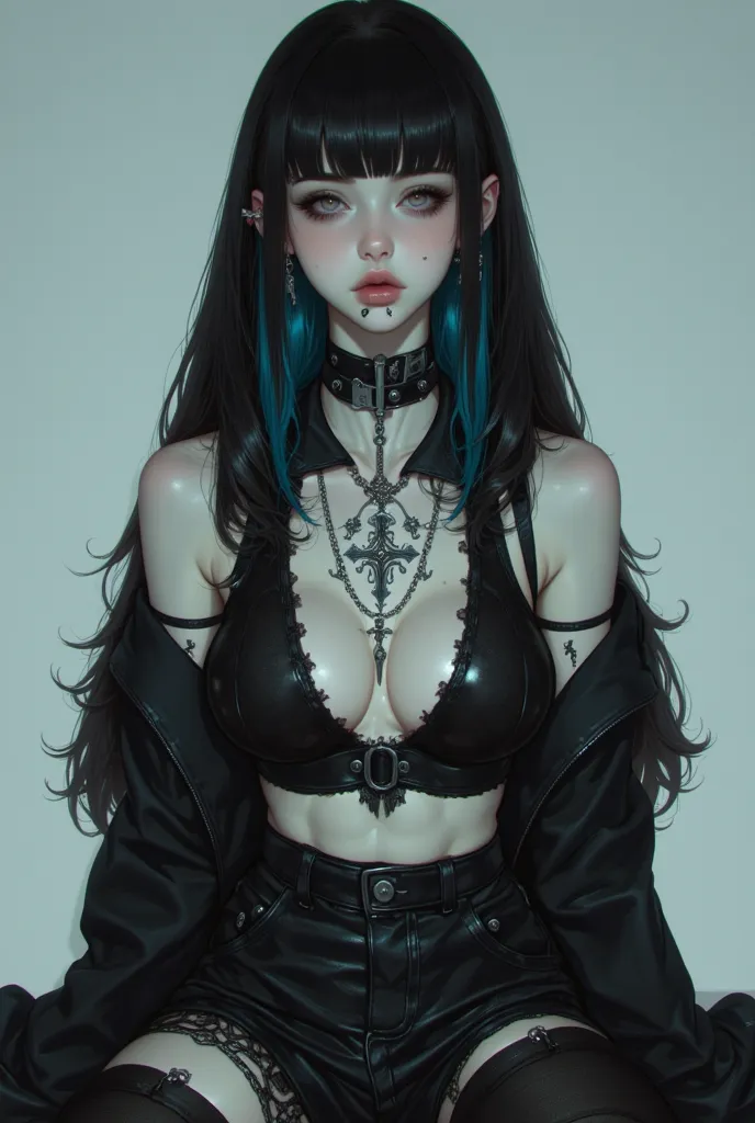 a high quality image, 4k, a girl with black hair with blue tips, black eyes, pale skin with freckles on her body, black low-cut top, small breasts, black ripped jeans, lip piercings.