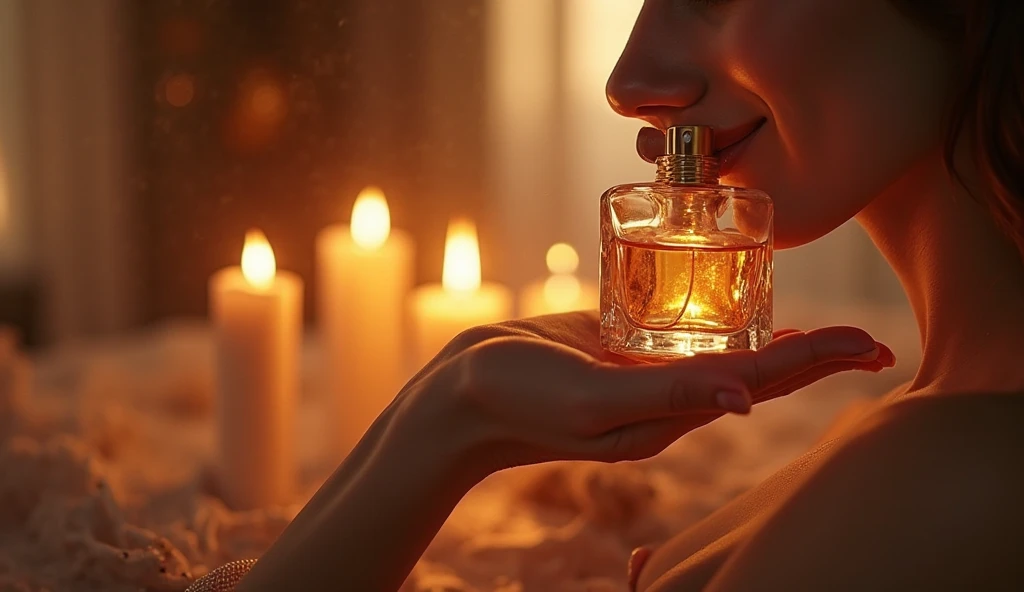 "A sensual and intimate perfume advertisement, showcasing a close-up of a model’s wrist as perfume is sprayed, with the fine mist catching the warm candlelight."

