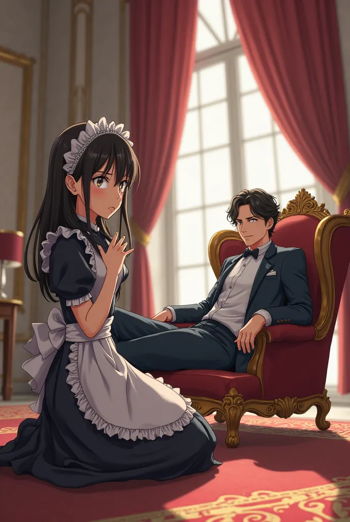 Anime maid disgruntlingly worships her boss who is sitting on a scheslong