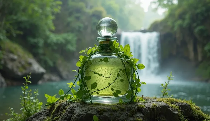 "A nature-inspired perfume concept featuring a glass bottle wrapped in ivy, placed on a mossy rock in a tranquil waterfall setting, with fragrance mist merging with the morning fog."

