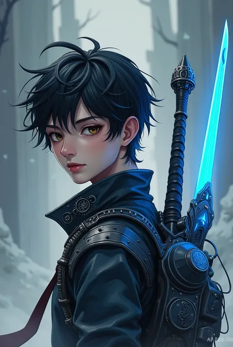 Score_9, Score_8_up, Score_7_up, Score_6_up, masterpiece,  upperbody, 1male, solo, short black hair, cold, badass,Hero posture, wearing a steampunk outfit, A blue hightech sword on his waist hilt