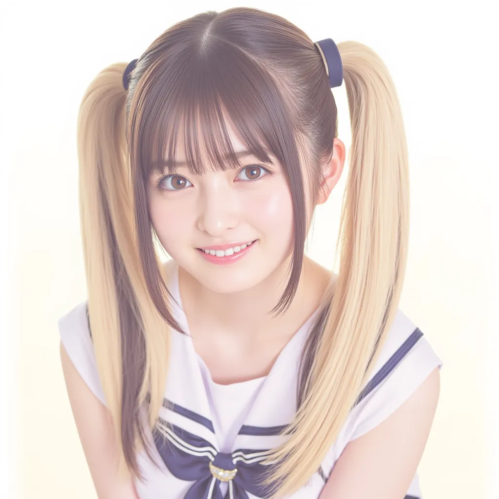  long hair, with blond and black two-tone bangs、Longer long hair、 light background、sailor suit、twintails