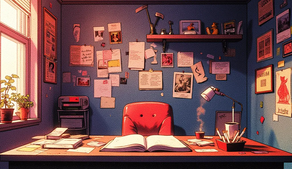 Create 90s retro anime-style image, Wide shot of 18 year old girls dimly lit bedroom, walls cluttered with polaroids, notes, and sketches. A small desk is covered in open books and an ashtray overflowing with cigarettes.