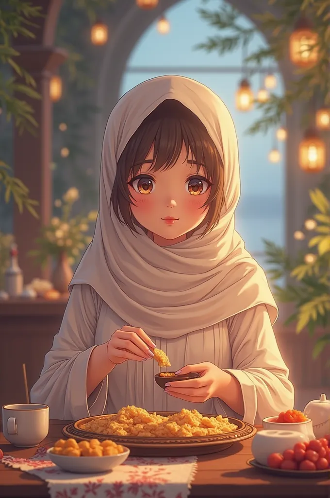 Two anime  anime girl is eating iftar in ramadan pic for tiktok profile picture 