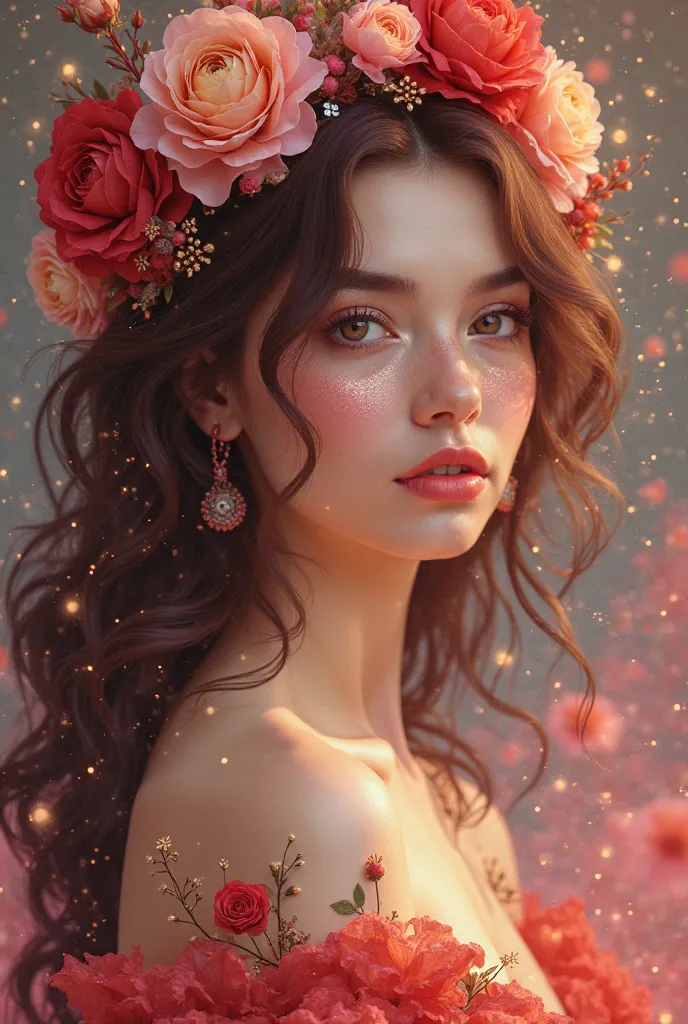 An enchanting portrait of a woman with glowing, dewy skin and shimmering multicolored eyeshadow blending deep red, gold, and soft pink. Her lips are a rich rose red with a natural sheen. Her hair is a mix of deep burgundy and pastel pink, flowing in loose ...