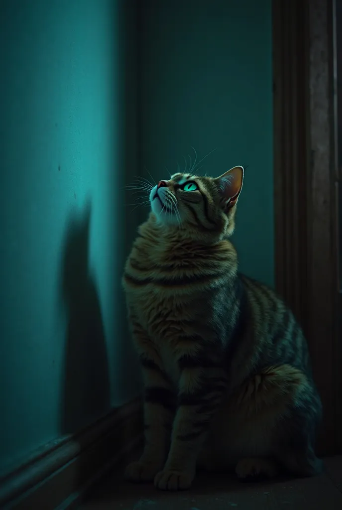 A cat sitting in a dimly lit room, staring intensely at a blank wall. The room has a slightly eerie glow, and shadows make the scene feel mysterious. The cat's eyes are wide open and reflective, adding to the spooky effect.