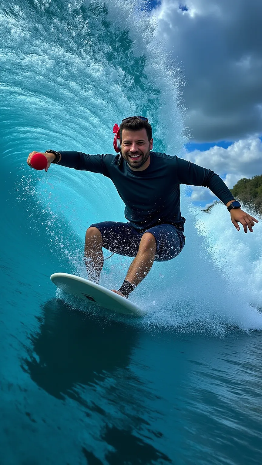 
“A handsome man dressed casually, wearing stunning high-end headphones with a special glow, is surfing like a pro on a massive wave in a sea made entirely of technology. The ocean is filled with iPhones, smartwatches, and televisions, creating a surreal y...