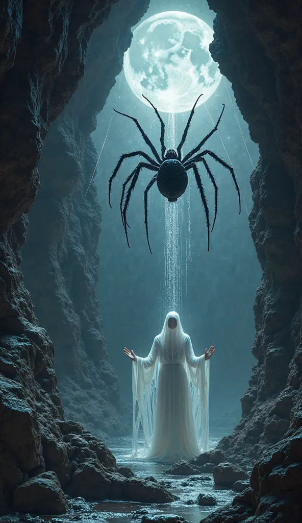 In a moonlit cave, a large spider weaves a glowing web between craggy rocks. Across from it, a ghostly figure emerges from the shadows, its form flickering with misty tendrils. The spider freezes, legs poised as the spirit reaches out. Silvery threads floa...