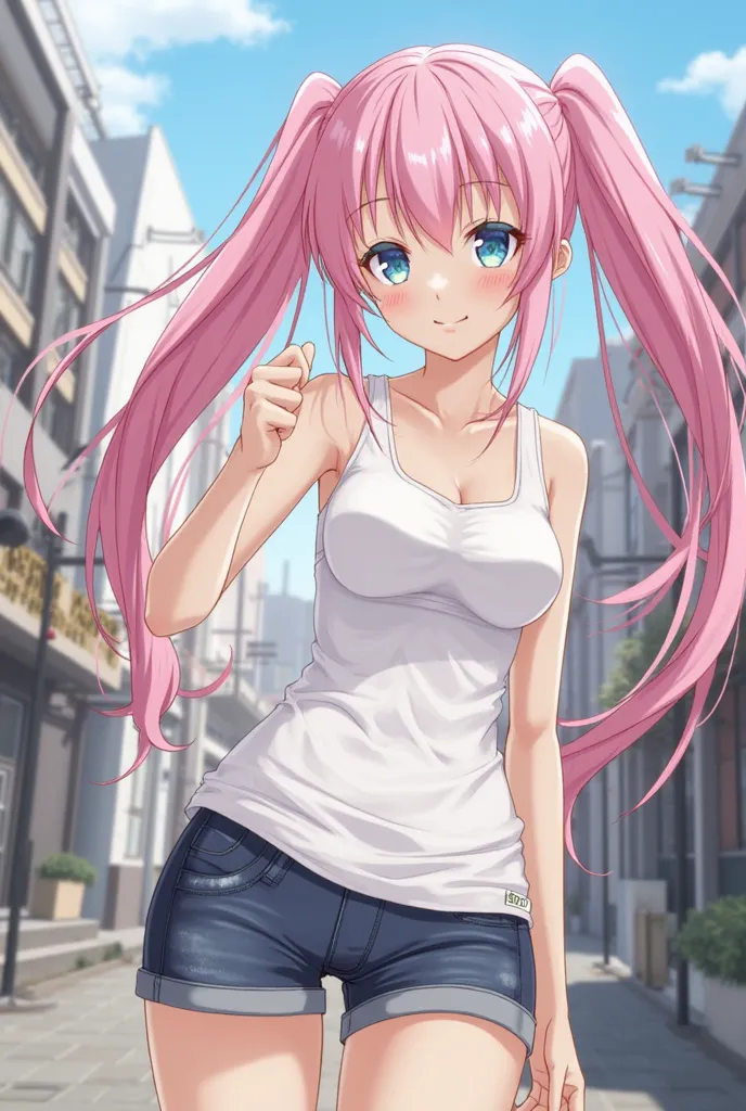 Score_9, score_8_up, 4k, 8k, detailed face, source_anime, artstation, grandeur, intricate-details, depth-of-view, flatshading, BREAK 1girl, gyaru, pink hair, long hair, blue eyes, pigtails, tank top, shorts, huge breasts, smooth skin, rating_questionable, ...