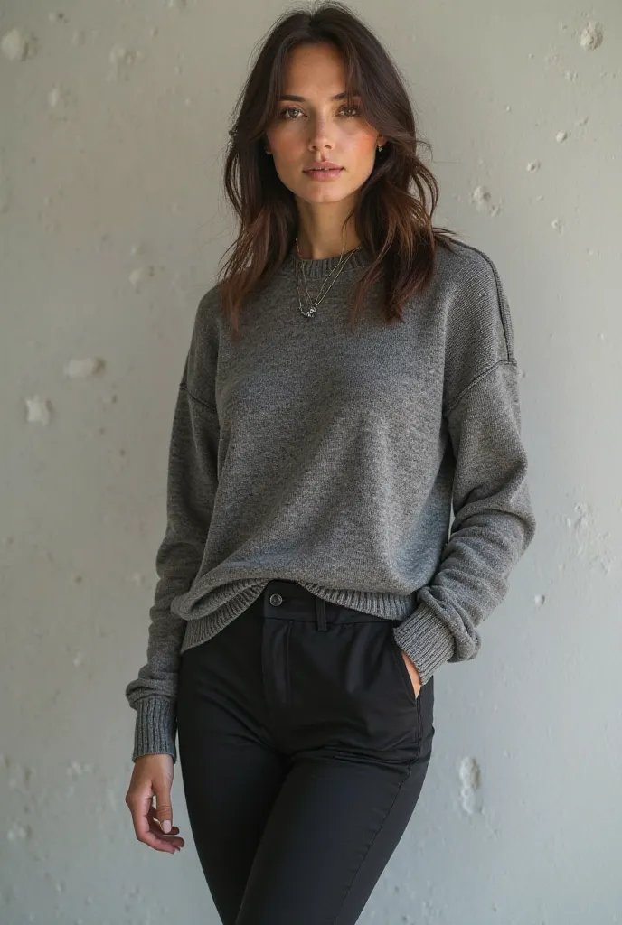 Woman in black legging with a medium fat gray sweater 