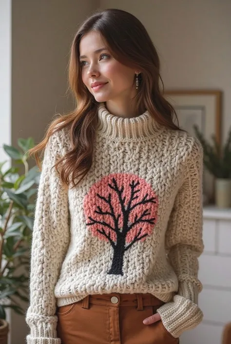 Nice stylish sweater design crochet with wool luxury small cute new tree design on wool simple sweater and separate different design brown pink color full view pic full room view zoom out one cushion on youngster lady under neck simple fresh bright