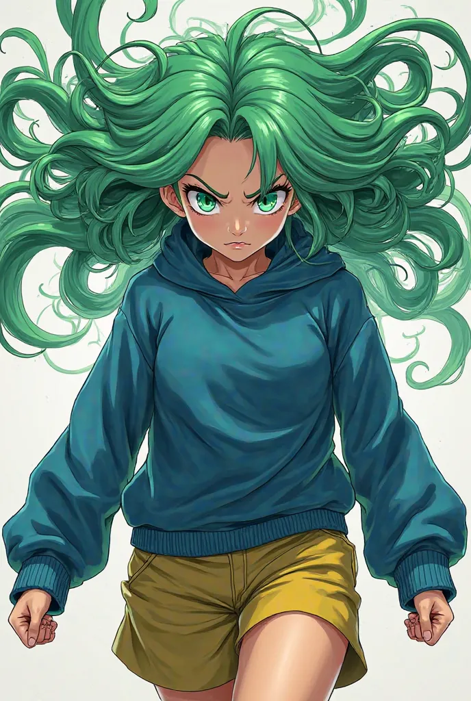 Imagine Tatsumaki from One Punch Man with her powerful hair curly like air, and his characteristic angry face, with a blue sweatshirt and yellow shorts, simply beautiful 