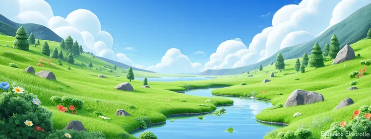 Serene natural scene with green meadow, small rocks and shrubs, peaceful river reflecting the sky, colorful flowers scattered across the grass, clear and sunny weather