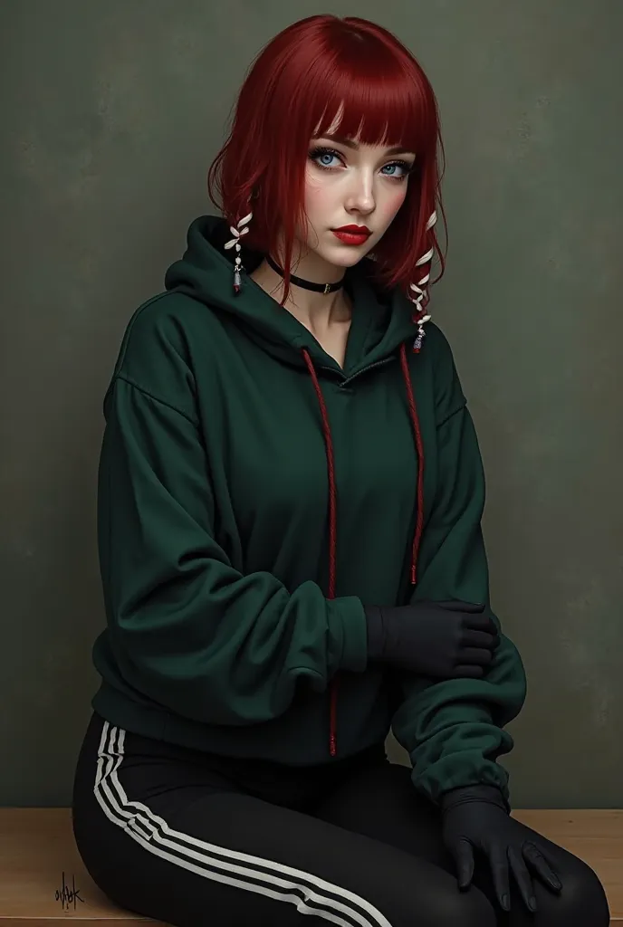 She must be a realistic woman with pale white skin and crystal blue eyes she must have straight short hair above her shoulder dark red with white twists at the ends of her hair and she must wear a dark green hooded sweatshirt and black legging pants with w...