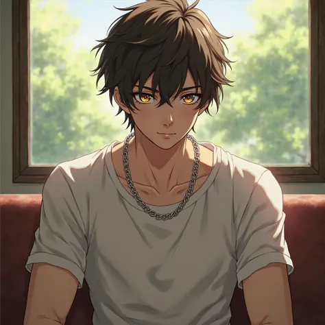 "A stunning anime-style artwork of a handsome young man with tousled dark brown hair and piercing golden-brown eyes, wearing a fitted half white t-shirt and a silver chain necklace. He sits near a large window, where sunlight filters through, casting soft ...