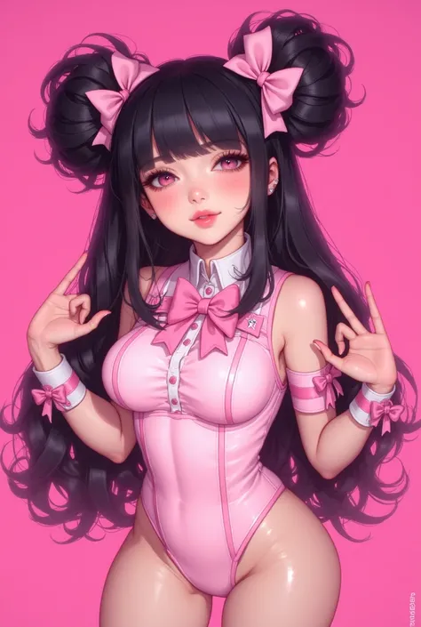 The image depicts a person with black hair styled in twin ponytails tied with large pink ribbons. They are wearing a pink outfit that includes a bow at the neckline and matching pink armbands with bows. The background of the image is a solid pink color.