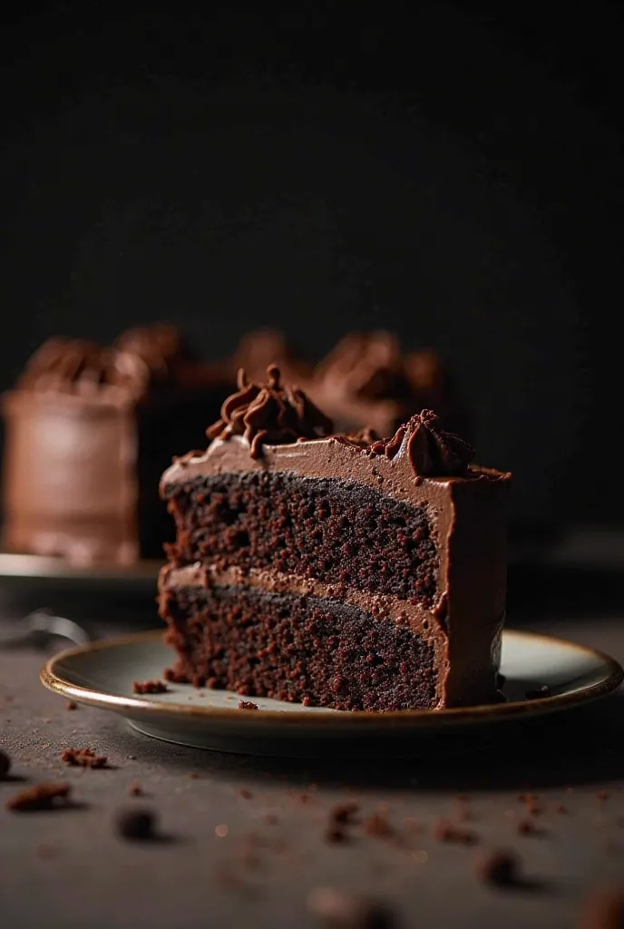 cinematic film still chocolate, chocolate cake, dark background, quality photo, moist texture, frosting, studio photo, slice . shallow depth of field, vignette, highly detailed, high budget, bokeh, cinemascope, moody, epic, gorgeous, film grain, grainy