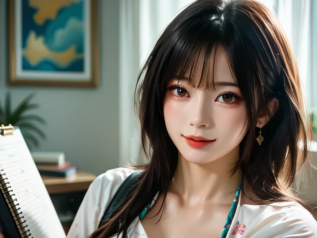 A beautiful Asian woman with long, flowing black hair, her eyes reflecting a deep connection to emotions and experiences. She is driven by a desire to explore and feel, immersing herself in a wide range of creative works and embracing new challenges with e...