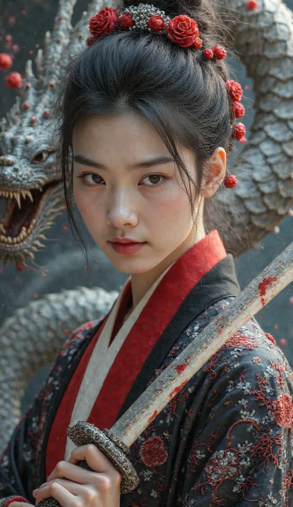 a graceful Korean woman in a black and red kimono decorated with intricate dragon motifs and swirling mist patterns, symbolizing beauty and strength. Her hair was styled in an intricate updo, decorated with red flowers intertwined with sparkling silver orn...