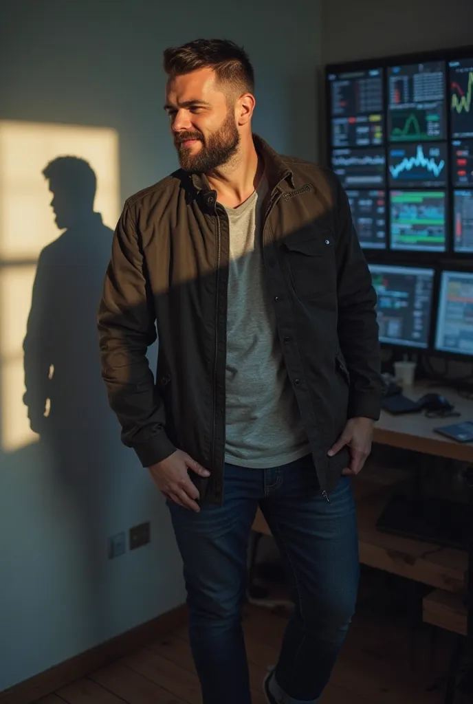 a man with a smirk is standing in the room, and his shadow shows the silhouette of a bear,  The man is dressed in casual clothes , ((Bear shadow )), “full-length bear silhouette” in the background are graphs and monitors and indices,high definition, Точнос...