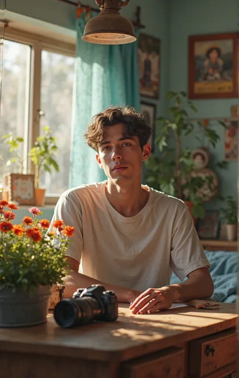 A twenty-year-old boy is sitting in his room with on the table and behind him the room is decorated with beautiful small flowers planted in a tub. 
It looks like a YouTuber's room.
Looks very real.