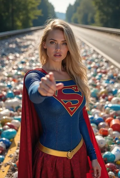 8k realistic ultra HDR A young woman, likely Caucasian and in her twenties, is portrayed as the iconic Supergirl character.  She is positioned in the mid-frame, facing forward and slightly to the viewer's left, with a determined expression and her arm outs...