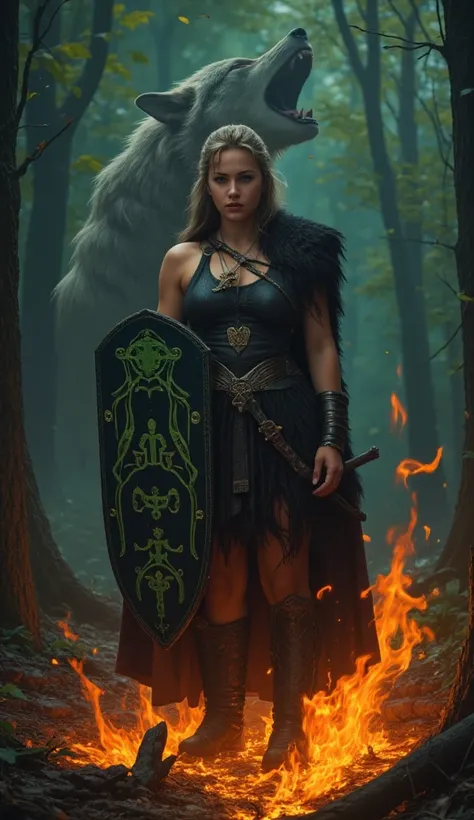 Olga is a fierce Nordic warrior who stuck her Viking shield adorned with green runes into the black forest floor , In the background the image of an ancient wolf howling amidst the flames ,  a dark fantasy super poster 