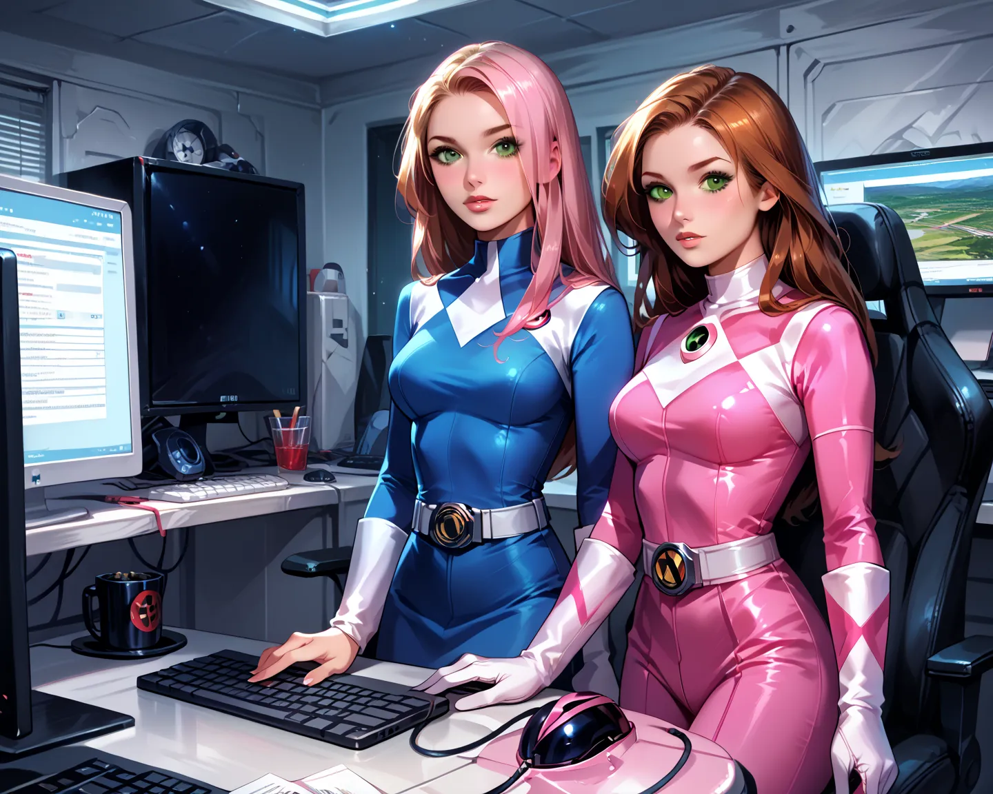 cinematic film still, duo, 2girls, BREAK starfire posing with kim possible, BREAK both: narrow waist, perky breasts, pink power ranger outfit, pink catsuit with white details BREAK high tech computer factory, computer background, sneaking around, crawling ...