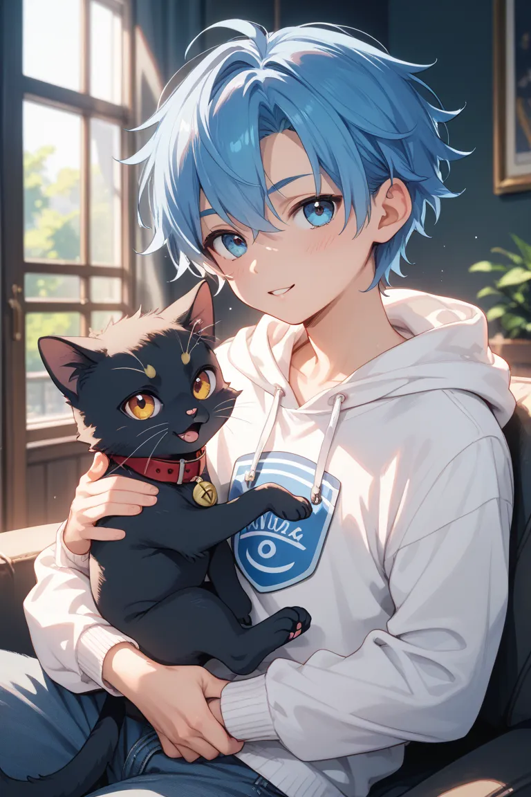 1人のmale性　Sky Cat　Belongs to Melon Hoodie　 idol　 has blue hair　The length of the hair is short　Eye color: Blue　The voice is a girl　cute　natural　 kind　Person in charge of the musical　Good singer　1人のmale性　Small　Stupid　I have a black cat badge on my hair　male性...