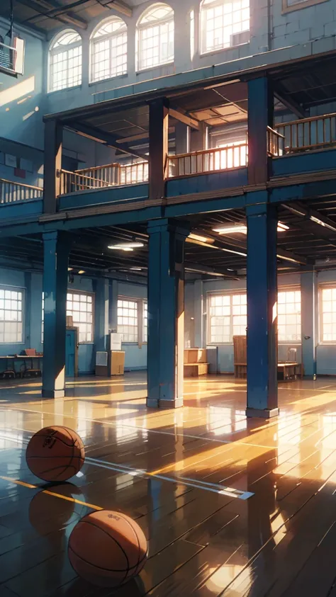 “An empty high school gymnasium bathed in the warm glow of the setting sun. The wooden floor reflects the golden light streaming through the large windows, casting long shadows across the basketball court. A single basketball rests near the sideline, untou...