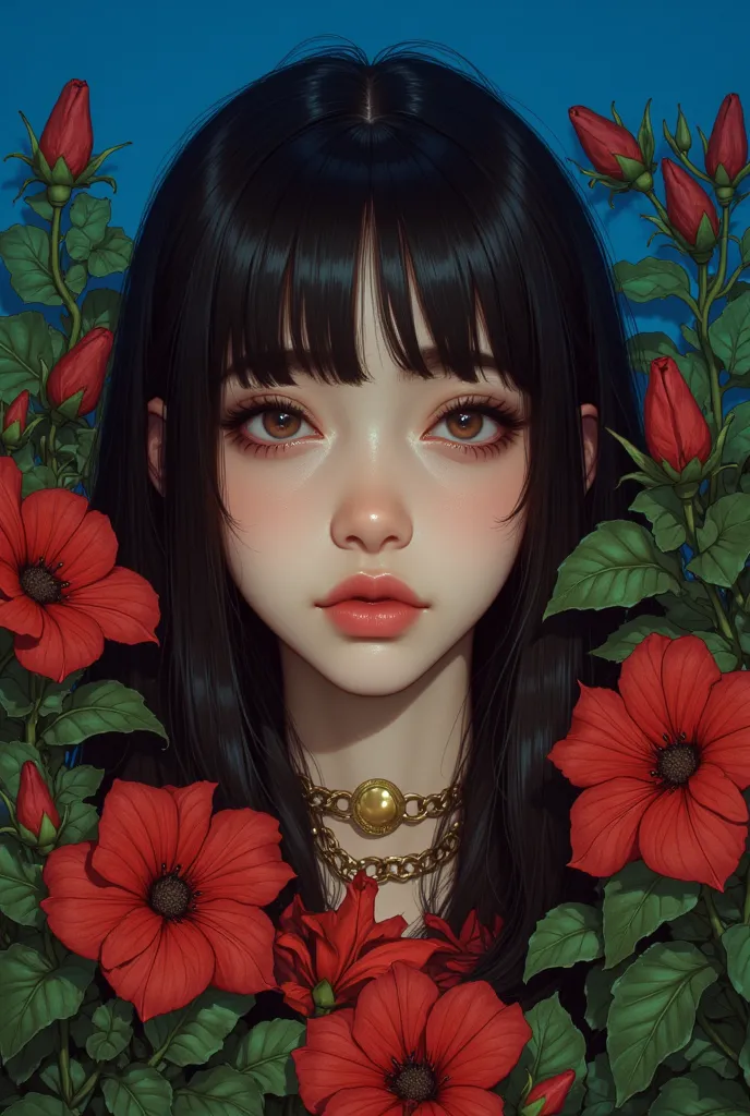 The image showcases a person with dark, straight hair that appears to be shoulder-length. Surrounding them are vibrant red flowers with green leaves, which contrast nicely against a blue background. The colors are vivid and create a visually striking compo...