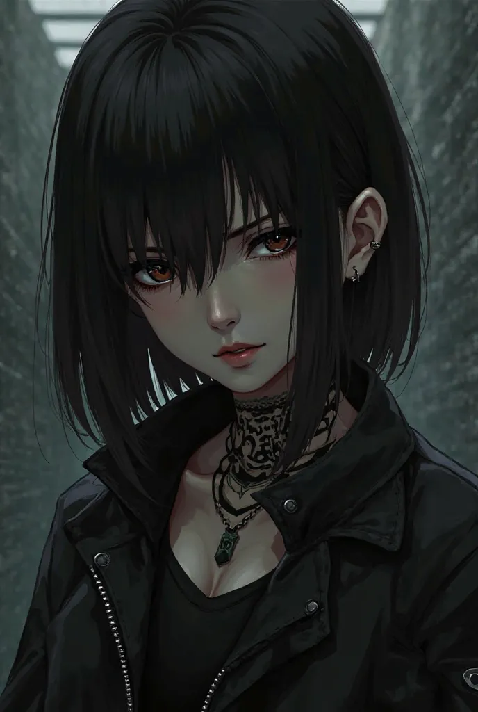 I want a girl with the Toman jacket with bangs dark eyes, somewhat long eyelashes with slightly long, skinny hair with a tiger tattoo on her neck like Kazutora's and with an earring like Kazutora's 