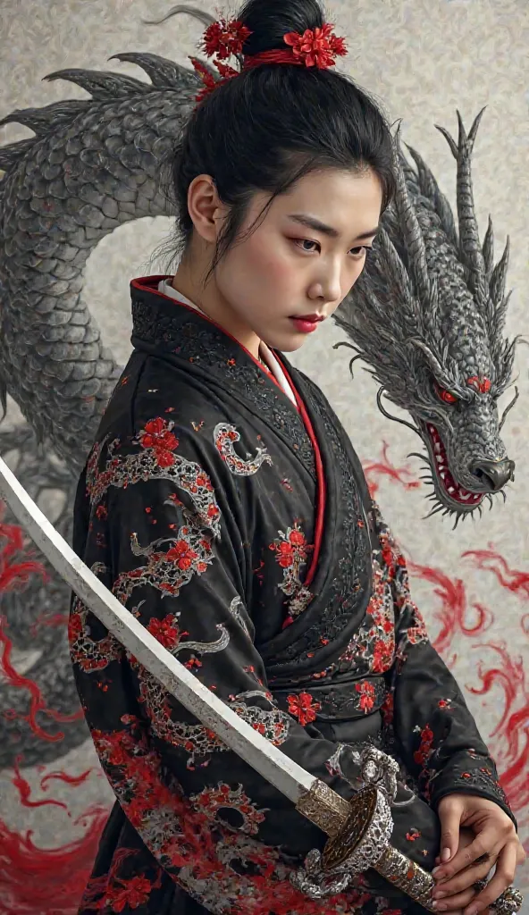 a graceful Korean man in a black and red kimono decorated with intricate dragon motifs and swirling mist patterns, symbolizing beauty and strength. Her hair was styled in an intricate updo, decorated with red flowers intertwined with sparkling silver ornam...