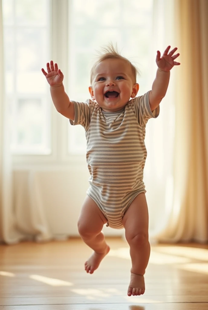 A cheerful baby, around one year old, joyfully jumping in the air with excitement. The baby is wearing a cute striped onesie, arms raised, and a big smile on their face. The background is softly lit with natural daylight, creating a warm and happy atmosphe...