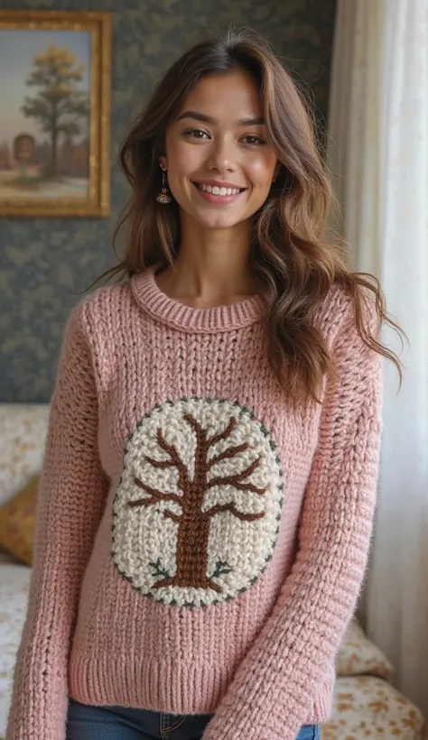 Nice stylish sweater design crochet with wool luxury small cute new tree design on wool simple one sweater and separate different design brown pink color full view pic full room view zoom out one cushion on youngster lady under neck simple fresh bright