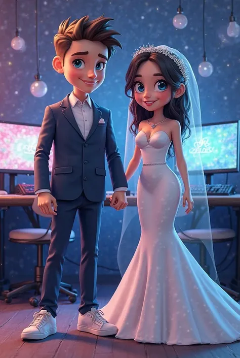 Create a CHIBI gamer wedding art where the groom wears a navy blue suit and a white sneakers, while the bride wears a conservative long sleeves mermaid wedding gown and a white sneakers too. Make the background a 2 gaming pc with led and PS5