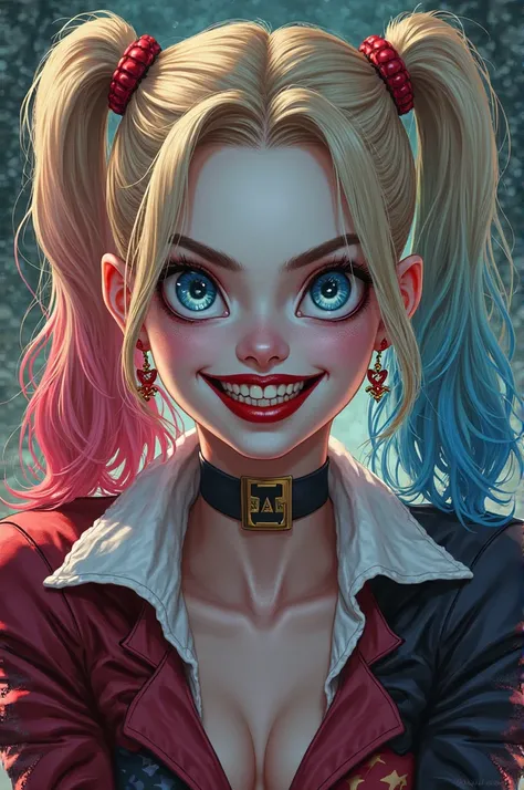 portrait of harley quinn, ken sugimori art, mischievous, mars ravelo, facing right, yoshitaka amano character design, she has perfect white teeths, akiri toriyama, 2 0 0 0 s cartoon, supervillains